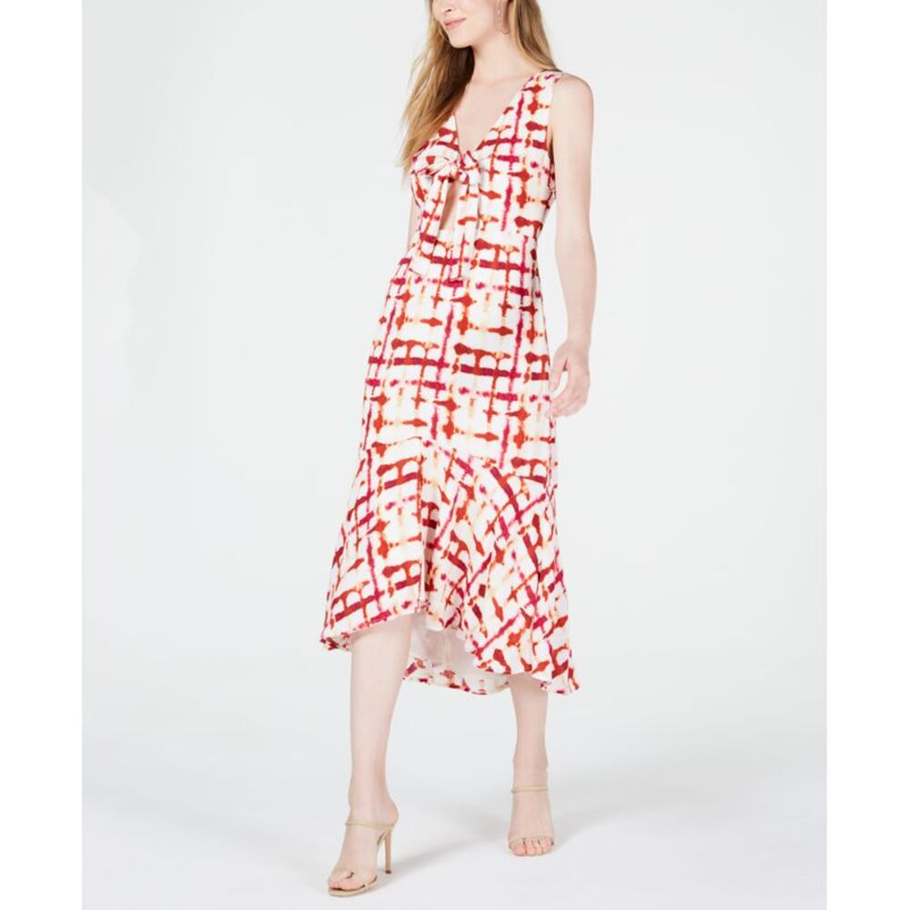 Printed Cutout Midi Dress Pink Red Tie Dye Plaid L